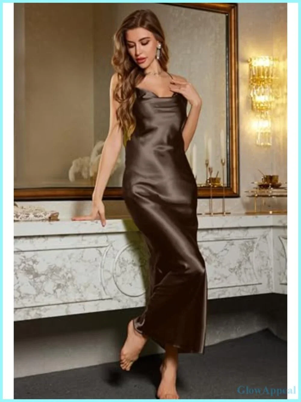 Satin Silky Slip Dress Cowl Neck Adjustable Spaghetti Straps Sleeveless